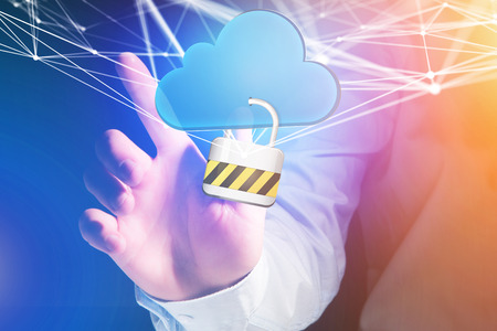 View of a Padlock security connected to a cloud displayed on a futuristic interface - Connection conceptの写真素材