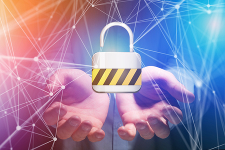 View of a Padlock security connection displayed on a futuristic interface with network around- Connection conceptの写真素材