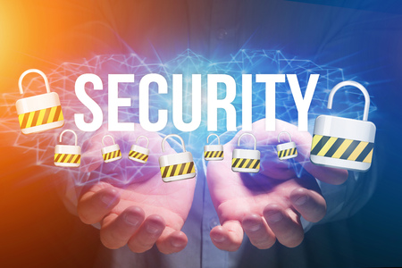 Concept view of man holding interactive interface with security title and multimedia padlock icons...