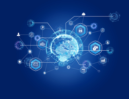 View of a International business network connection displayed on a futuristic interface with technology icon and sphere globe - Worldwide business conceptの写真素材