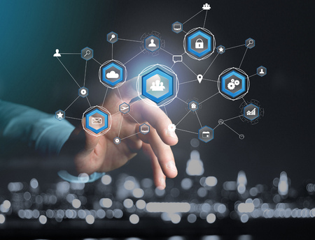 View of a Business network connection displayed on a futuristic interface with technology icon -...