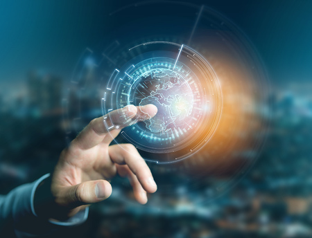 View of a International globe communication displayed on a futuristic interface - Business and...