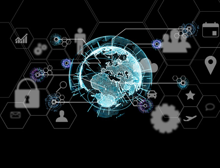 View of a International business network connection displayed on a futuristic interface with...