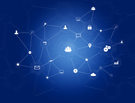 View of a Business network connection displayed on a futuristic interface with technology icon - Worldwide business conceptの写真素材