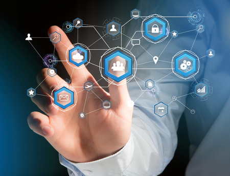 View of an International business network connection displayed on a futuristic interface with...