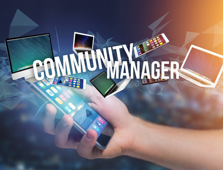 View of a Community manager title surounded by device like smartphone, tablet or laptop - Internet...