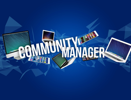 View of a Community manager title surounded by device like smartphone, tablet or laptop - Internet and communication conceptの写真素材