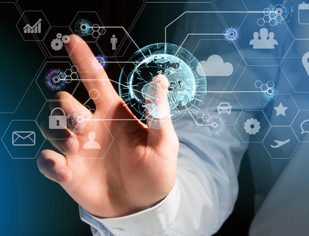 View of an International business network connection displayed on a futuristic interface with...