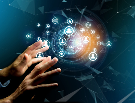 View of a international network displayed on a futuristic interface with globe and connection -...