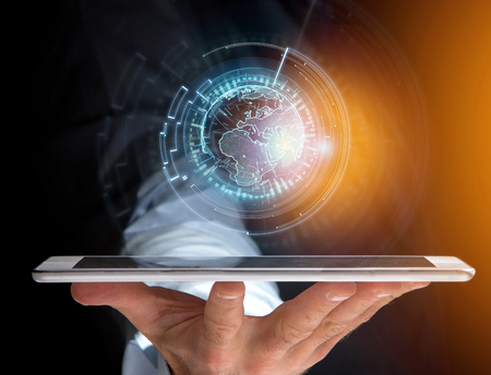 View of a International globe communication displayed on a futuristic interface - Business and...