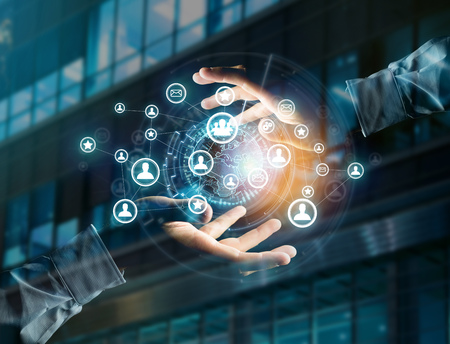 View of a international network displayed on a futuristic interface with globe and connection - technology and business conceptの写真素材