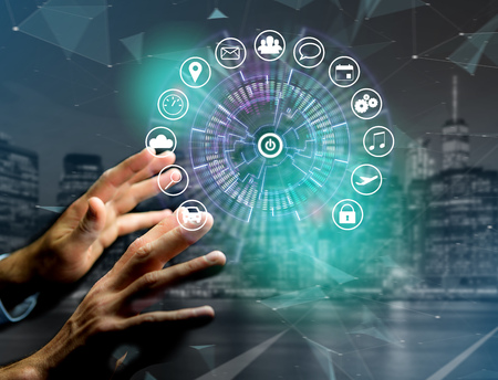 View of a Home button of a technology interface surrounded by application - technology app concept