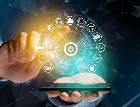 View of a Home button of a technology interface surrounded by application - technology app concept