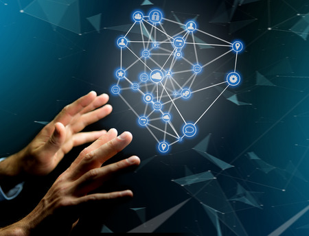 View of a Business network connection displayed on a futuristic interface with technology icon -...