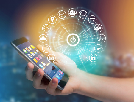 View of a Home button of a technology interface surrounded by application - technology app conceptの写真素材