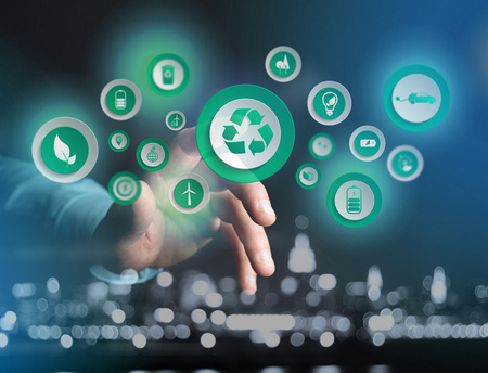 View of a Technology ecologic interface with icon displayed on a technology interfaceの写真素材