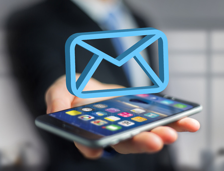 View of a Blue Email symbol displayed on a futuristic interface - Message and internet conceptの写真素材