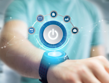 View of a Power button symbol with computer app displayed on a futuristic interface