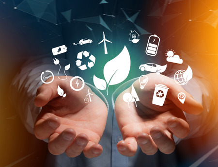 View of a Technology ecologic interface with icon displayed on a technology interfaceの写真素材