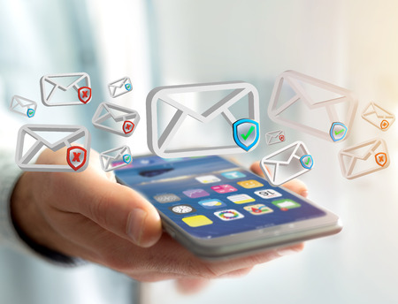 View of Approved email and spam message displayed on a futuristic interface - Message and internet conceptの写真素材