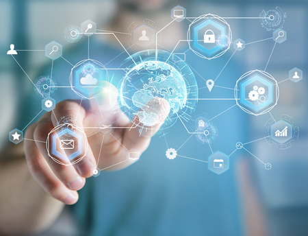 View of an International business network connection displayed on a futuristic interface with...
