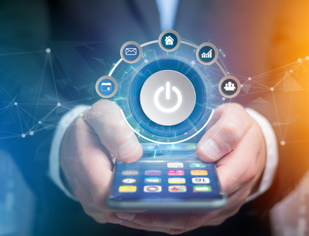 View of a Power button symbol with computer app displayed on a futuristic interface