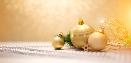 View of a Christmas background with christmas balls, gifts and decorationの写真素材