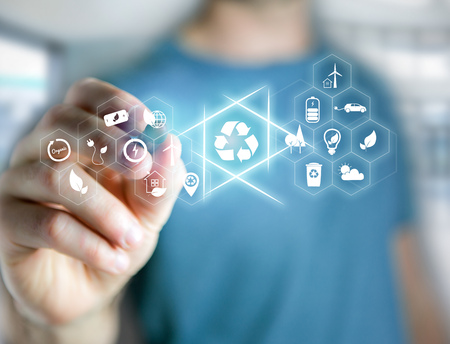 View of a Technology ecologic interface with icon displayed on a technology interfaceの写真素材