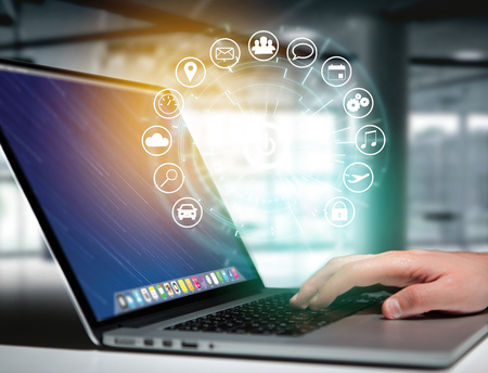 View of a Home button of a technology interface surrounded by application - technology app concept