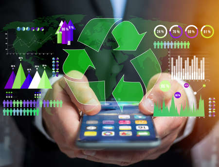 View of a Technology ecologic interface with world map on the background - Ecology conceptの写真素材