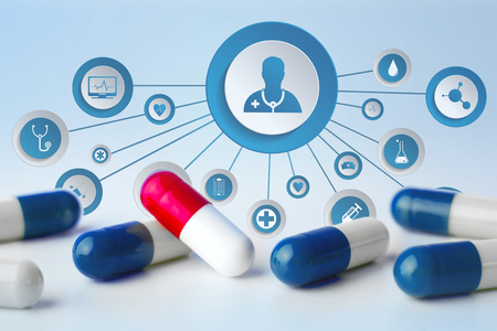 VIew of a Medecine and general healthcare icon displayed on a technology medical interace interface