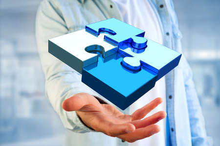 View of  Four puzzle pieces making a logo on a futuristic interface - 3d rendering