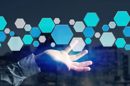 View of a 3d render empty aplication made of blue hexa button displayed on a futuristic interfaceの写真素材