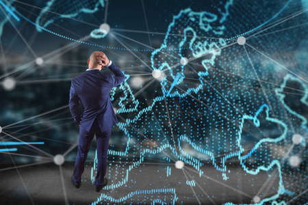 View of a Technology network world map displayed on a futuristic interfaceの写真素材