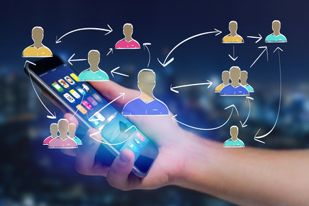 View of a Hand drawn network interaction with different group of people on a futuristic interface