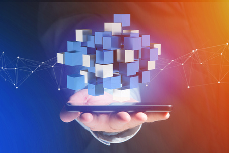 View of a 3d rendering blue and white cube on a futuristic interfaceの写真素材