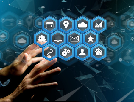 View of a Application center displayed on a futuristic interface with technology icon - Worldwide business conceptの写真素材