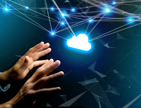 View of a Cloud network displayed on a futuristic interface with net and connection - technology and business conceptの写真素材