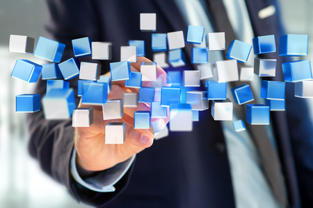 View of a 3d rendering blue and white cube on a futuristic interface