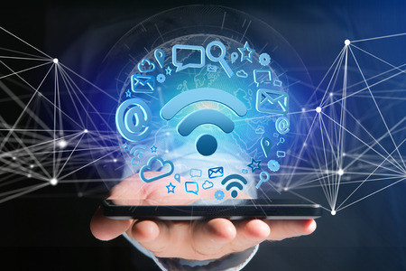 View of a wifi symbol connection surrounded by multimedia and internet application logo - 3d...
