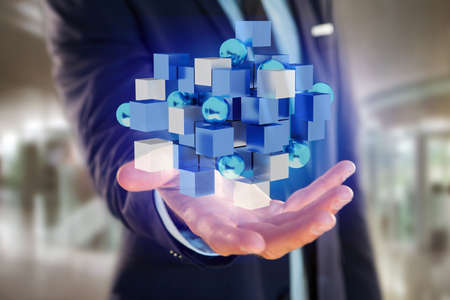 View of a 3d rendering blue and white cube on a futuristic interface