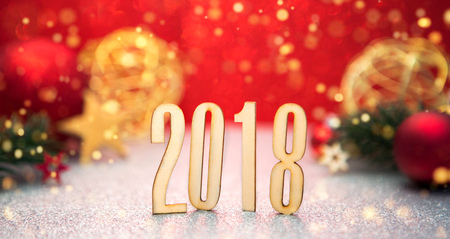 View of a Happy new year 2018 background with christmas decorationの写真素材
