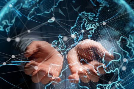 View of a Technology network world map displayed on a futuristic interface