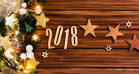 View of a Happy new year 2018 background with christmas decorationの写真素材