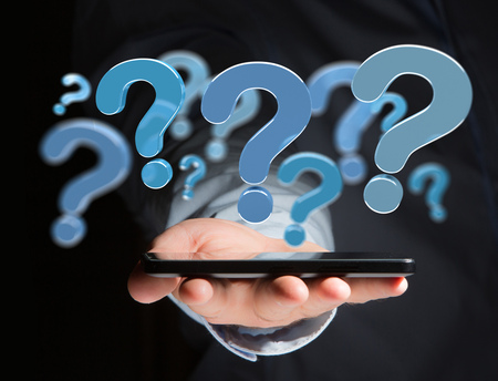 View of Blue question mark displayed on a futuristic interface - 3d renderingの写真素材