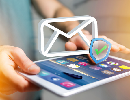 View of a Approved and verified Email symbol displayed on a futuristic interface - Message and internet conceptの写真素材