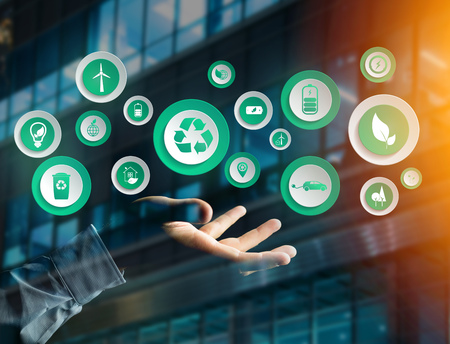 View of a Technology ecologic interface with icon displayed on a technology interfaceの写真素材