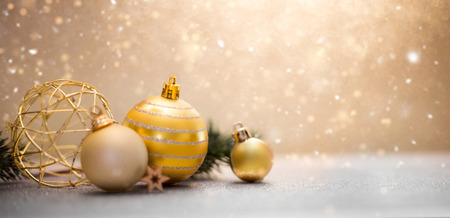 View of a Christmas background with christmas balls, gifts and decorationの写真素材