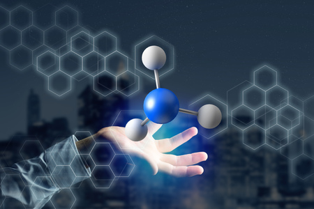 View of a 3d rendering molecule on a displayed on a medical interface の写真素材