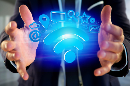 View of a wifi symbol connection surrounded by multimedia and internet application logo - 3d renderingの写真素材